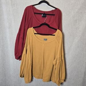 Lot of 2 Wonderly Long Sleeve Waffle Knit Tops 3/4 Sleeve Burgandy Mustard/Gold